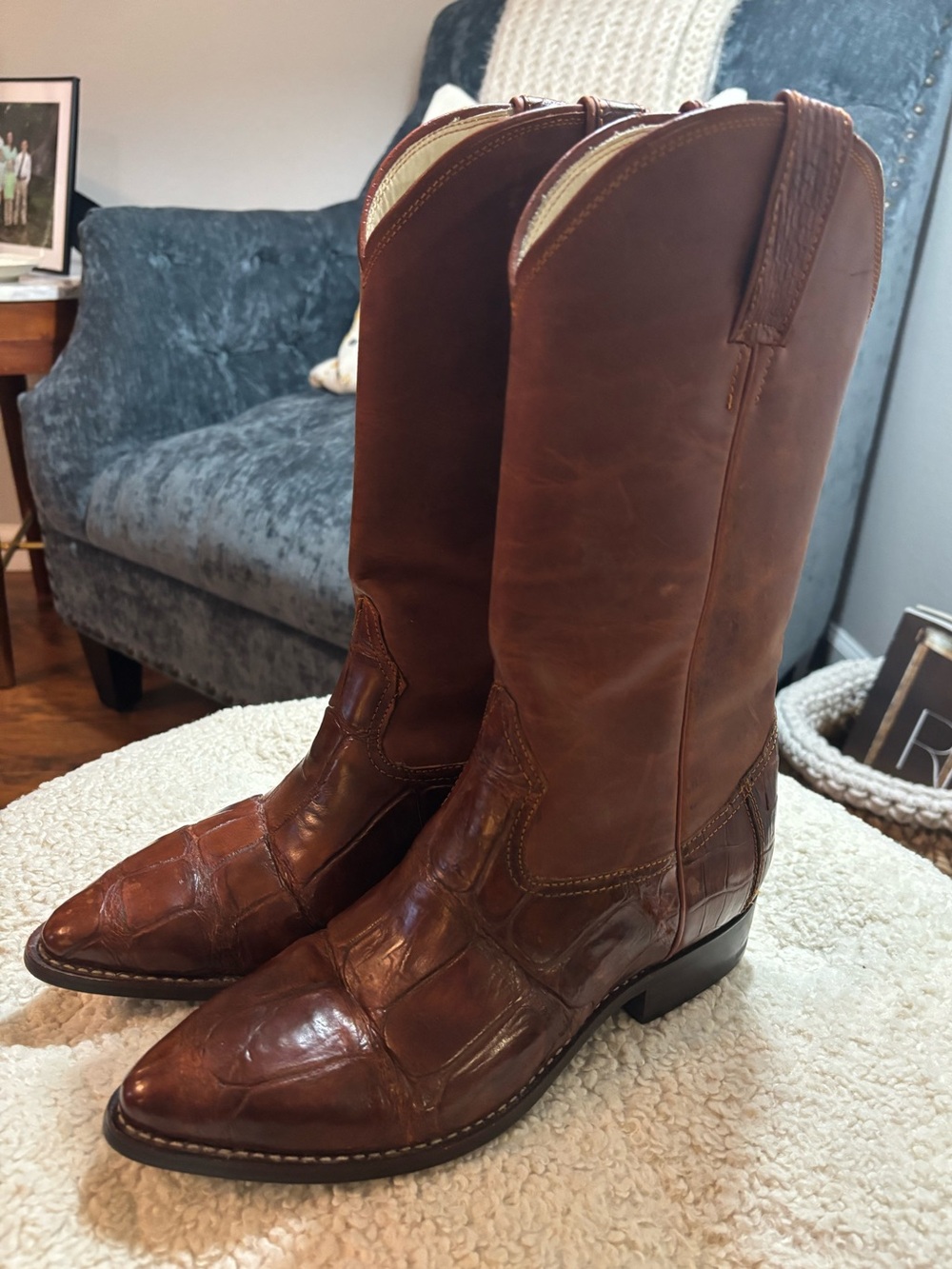 Genuine exotic alligator 100% hand made leather Cowboy Boots In Cognac Brown.